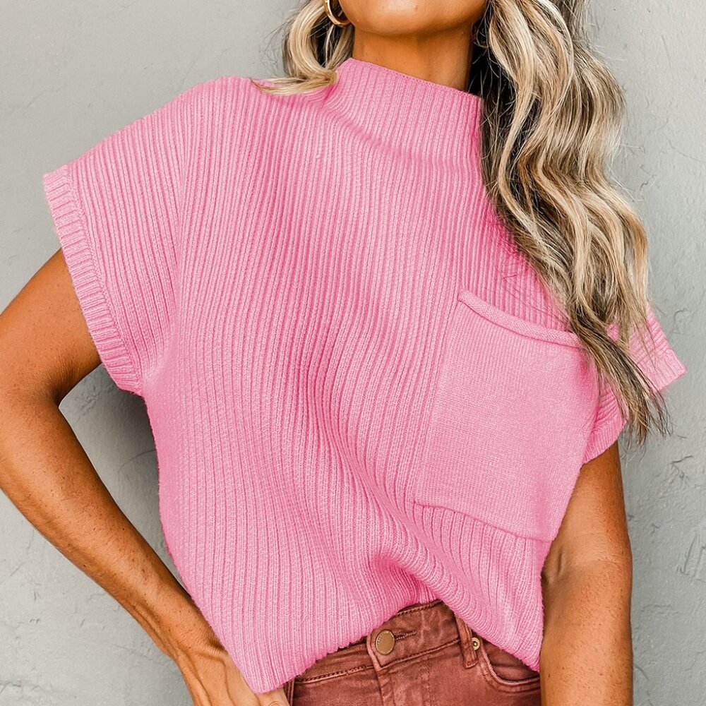 B307 Pink Patch Pocket Ribbed Knit Short Sleeve Sweater